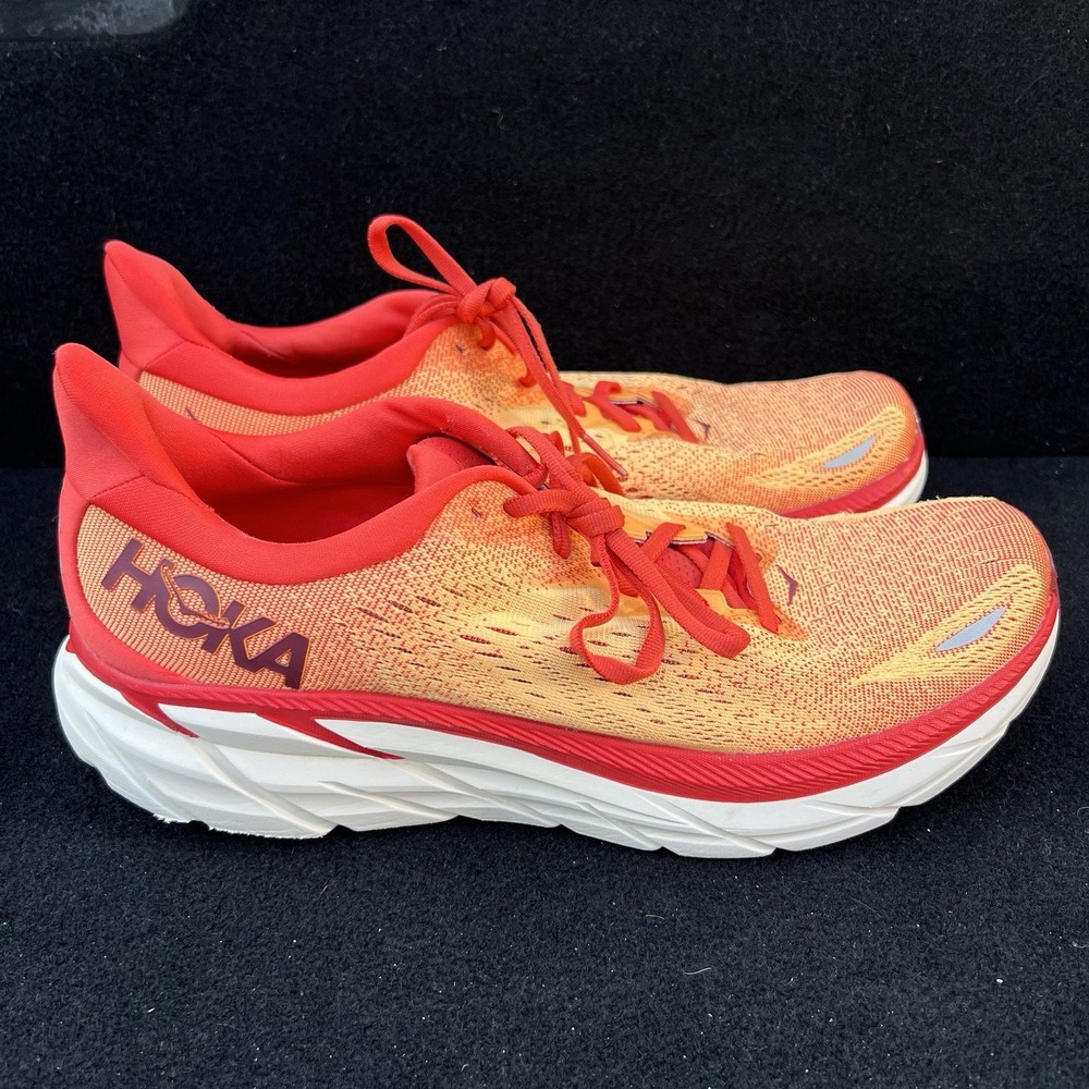Hoka One One Clifton 8 Shoes Mens Sz 10.5D Orange Running Sneakers 1119393 FBOR